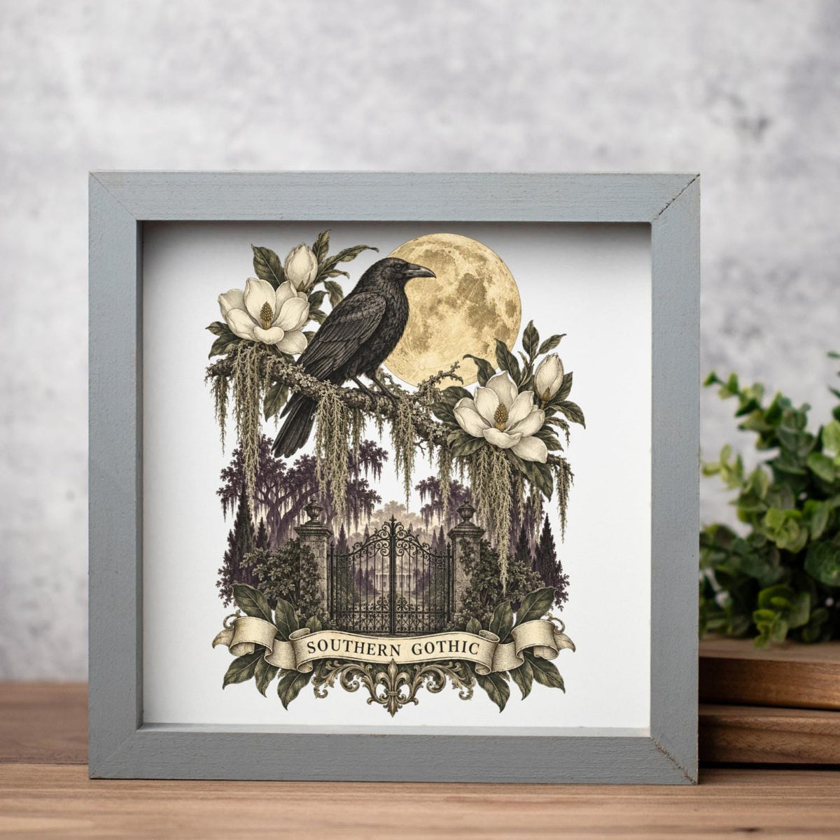 Southern Gothic Crow Wall Art, Moonlit Magnolia Garden Decor, Gothic Raven Home Accent, Framed Wooden Decor for Dark Academia Style