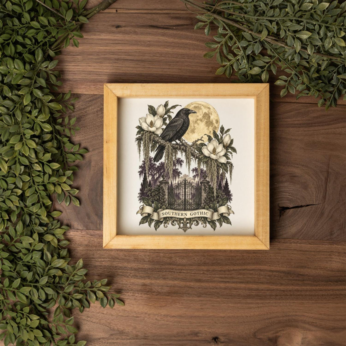 Southern Gothic Crow Wall Art, Moonlit Magnolia Garden Decor, Gothic Raven Home Accent, Framed Wooden Decor for Dark Academia Style