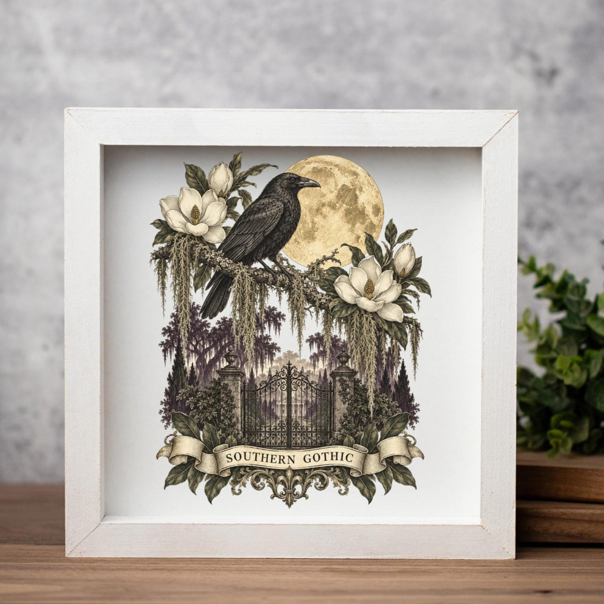 Southern Gothic Crow Wall Art, Moonlit Magnolia Garden Decor, Gothic Raven Home Accent, Framed Wooden Decor for Dark Academia Style