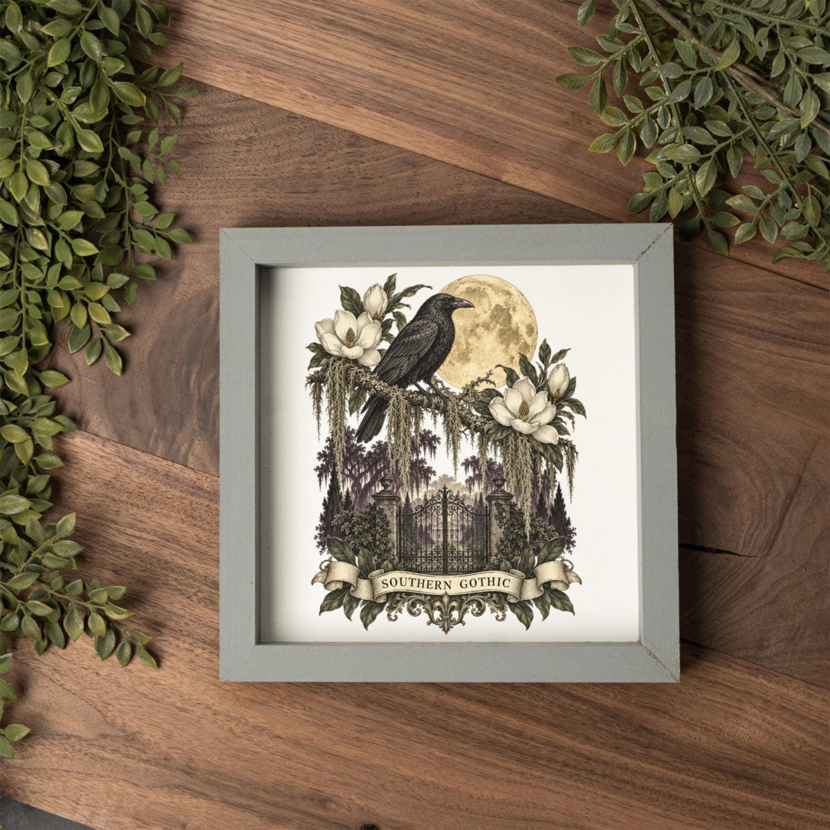 Southern Gothic Crow Wall Art, Moonlit Magnolia Garden Decor, Gothic Raven Home Accent, Framed Wooden Decor for Dark Academia Style