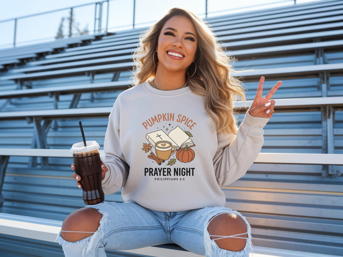 Pumpkin Spice Prayer Sweatshirt, Christian Fall Crewneck, Philippians 4:6 Coffee Pumpkin Faith Gift, Cozy Autumn Bible Study