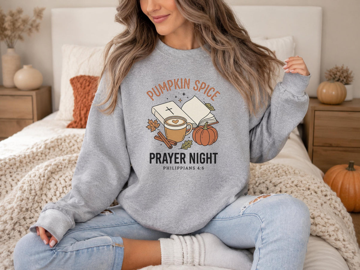 Pumpkin Spice Prayer Sweatshirt, Christian Fall Crewneck, Philippians 4:6 Coffee Pumpkin Faith Gift, Cozy Autumn Bible Study