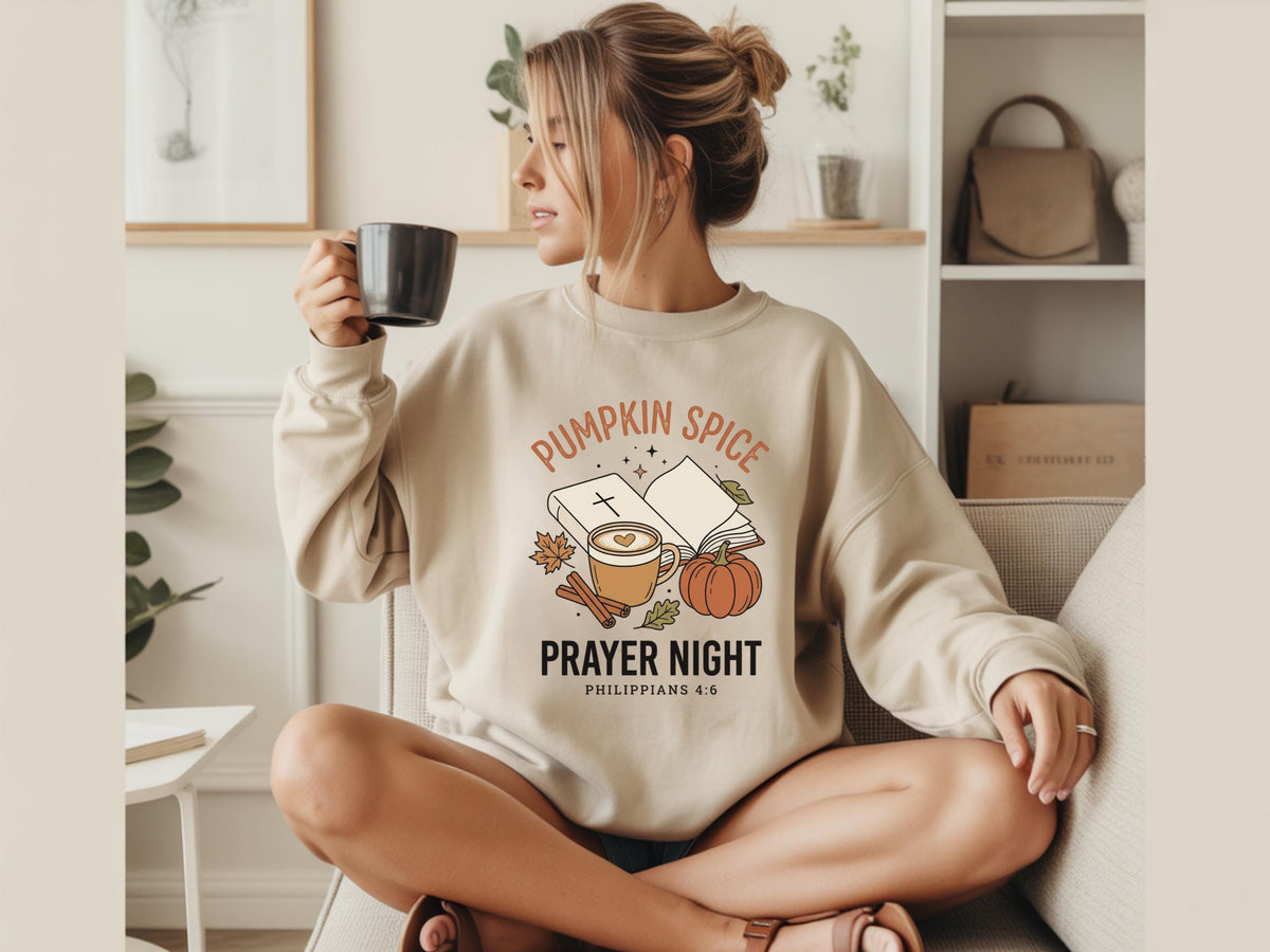 Pumpkin Spice Prayer Sweatshirt, Christian Fall Crewneck, Philippians 4:6 Coffee Pumpkin Faith Gift, Cozy Autumn Bible Study