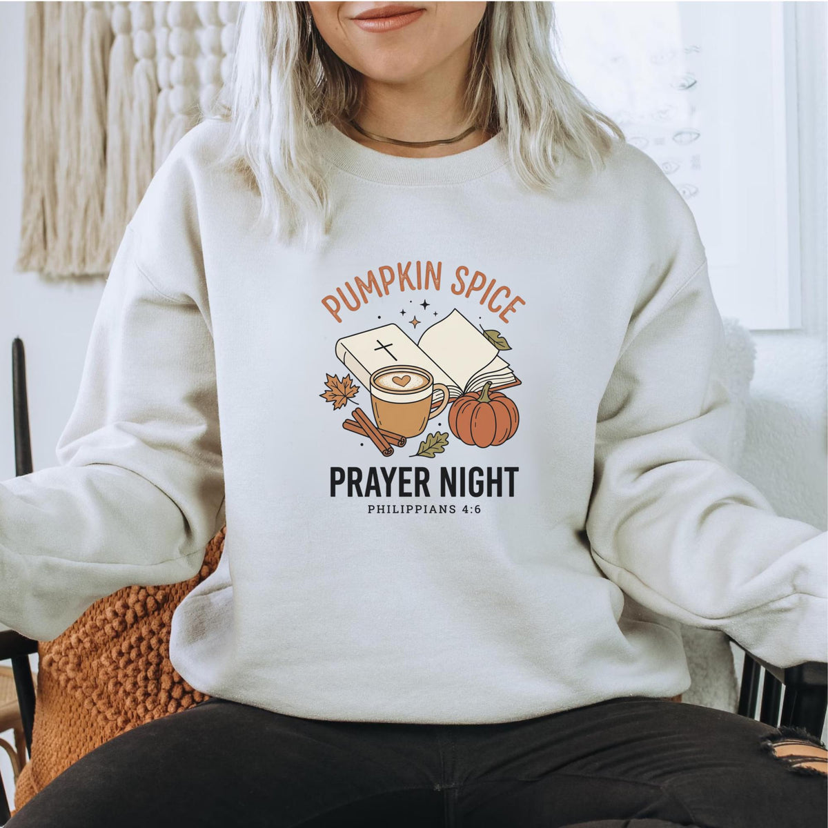Pumpkin Spice Prayer Sweatshirt, Christian Fall Crewneck, Philippians 4:6 Coffee Pumpkin Faith Gift, Cozy Autumn Bible Study