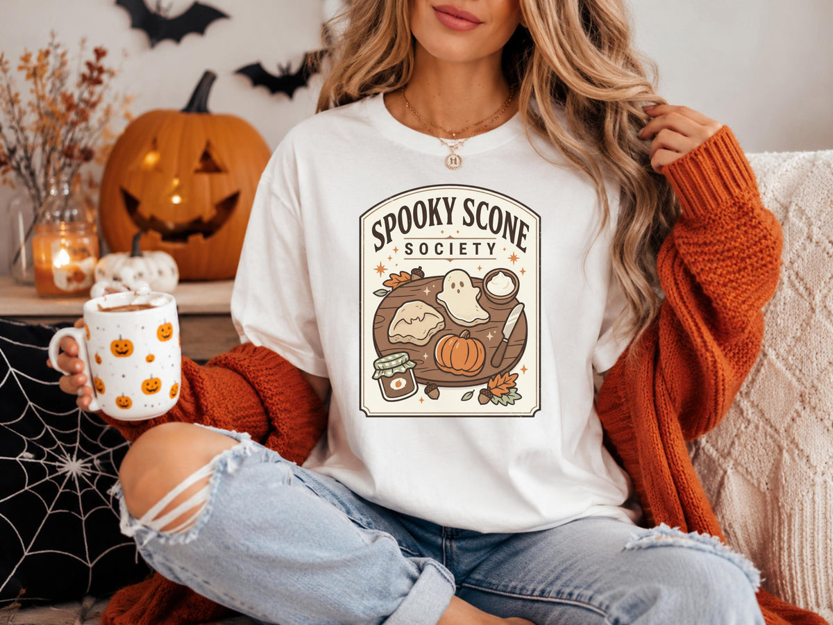 Spooky Scone Society Sweatshirt, Fall Baking Shirt, Halloween Coffee Lover Crewneck, Pumpkin Pie Ghost Autumn Graphic Pullover Gift