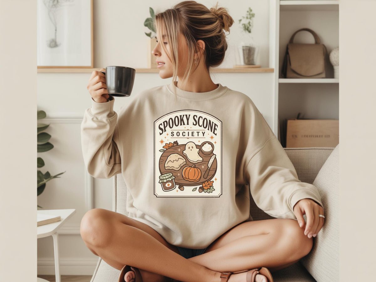 Spooky Scone Society Sweatshirt, Fall Baking Shirt, Halloween Coffee Lover Crewneck, Pumpkin Pie Ghost Autumn Graphic Pullover Gift