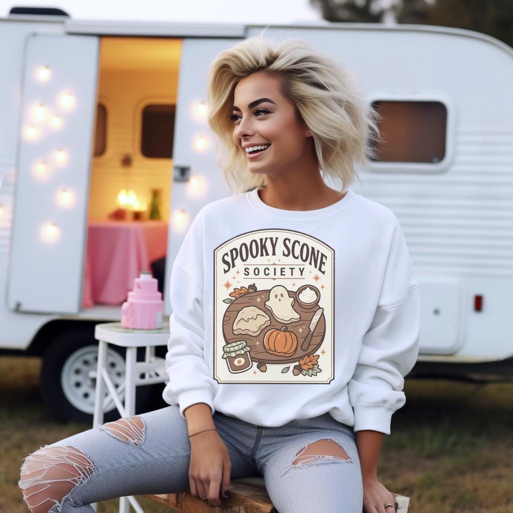 Spooky Scone Society Sweatshirt, Fall Baking Shirt, Halloween Coffee Lover Crewneck, Pumpkin Pie Ghost Autumn Graphic Pullover Gift