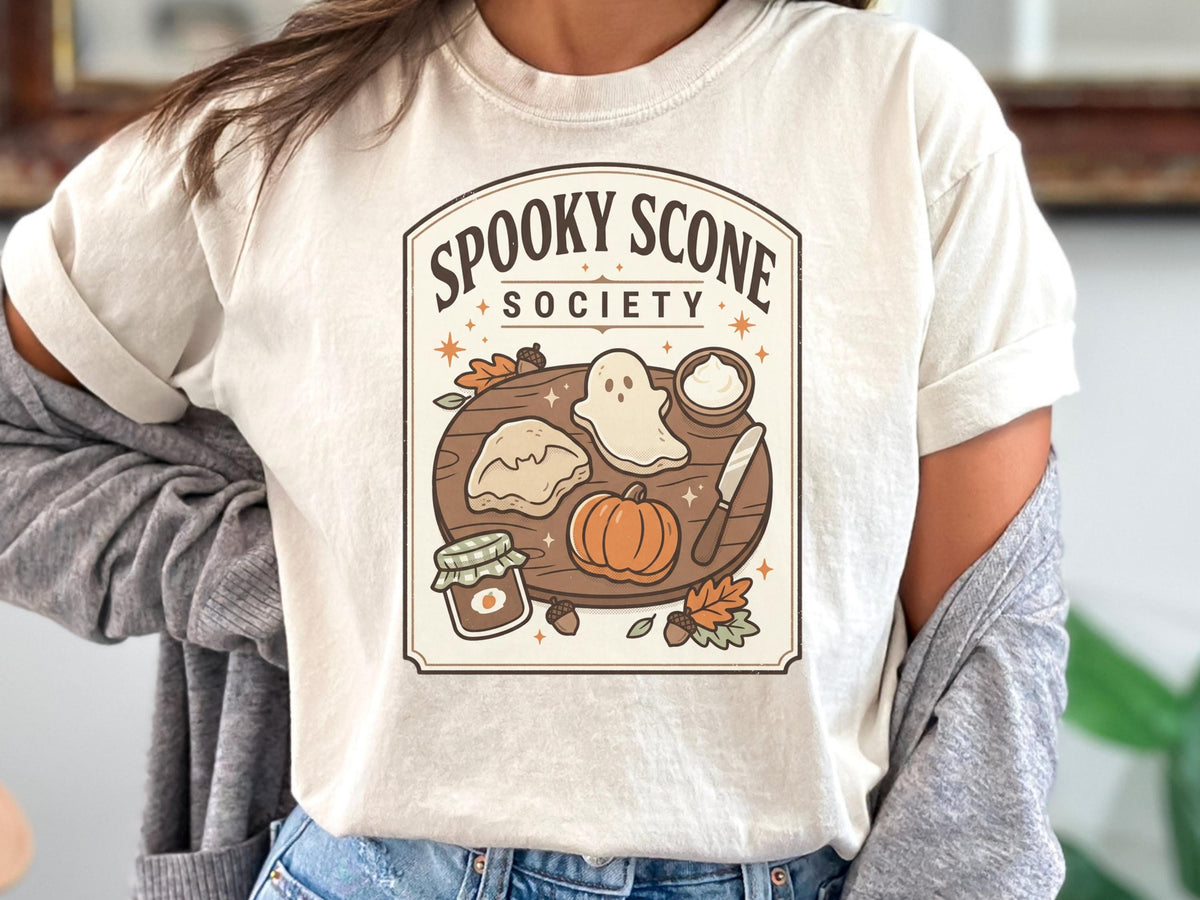 Spooky Scone Society Sweatshirt, Fall Baking Shirt, Halloween Coffee Lover Crewneck, Pumpkin Pie Ghost Autumn Graphic Pullover Gift