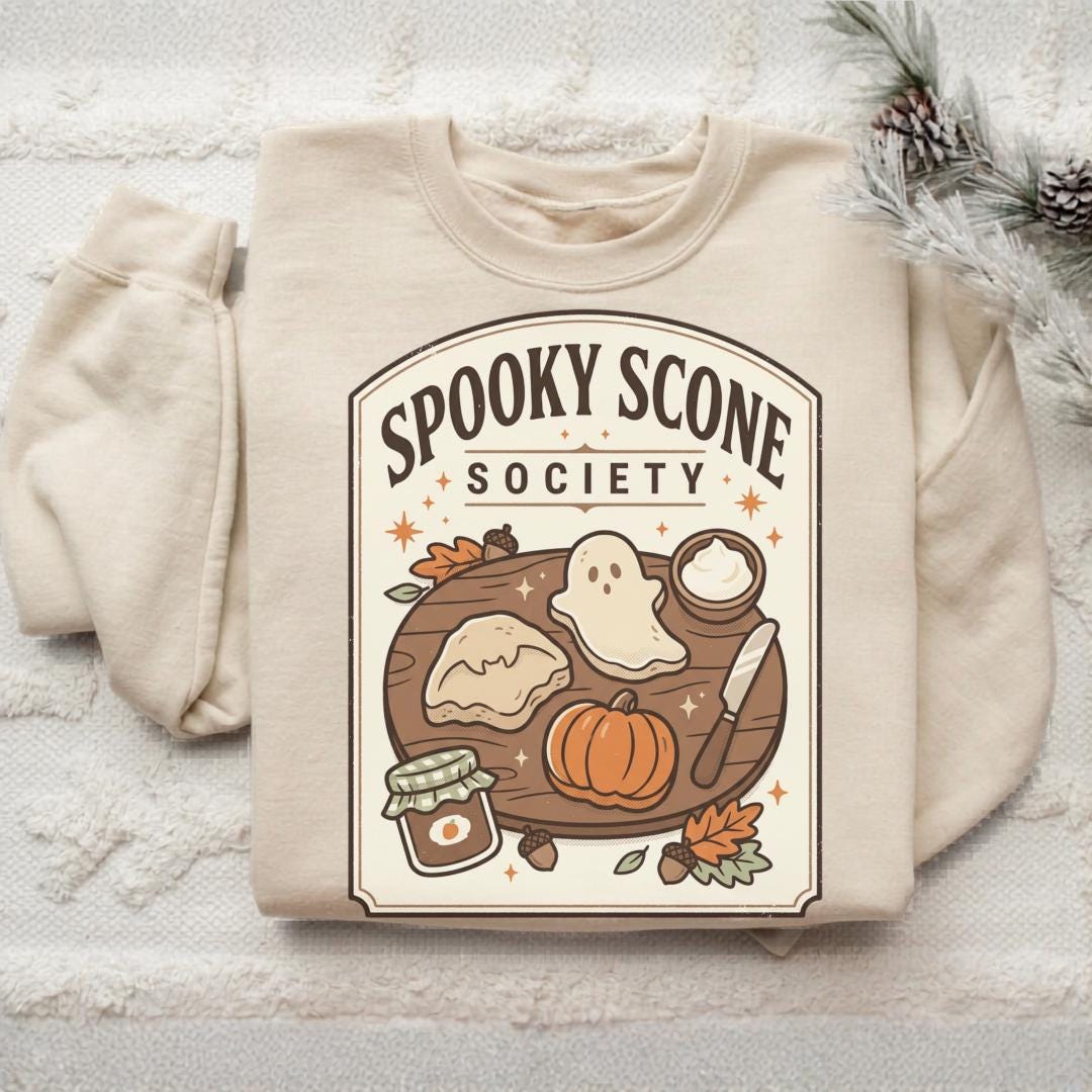 Spooky Scone Society Sweatshirt, Fall Baking Shirt, Halloween Coffee Lover Crewneck, Pumpkin Pie Ghost Autumn Graphic Pullover Gift