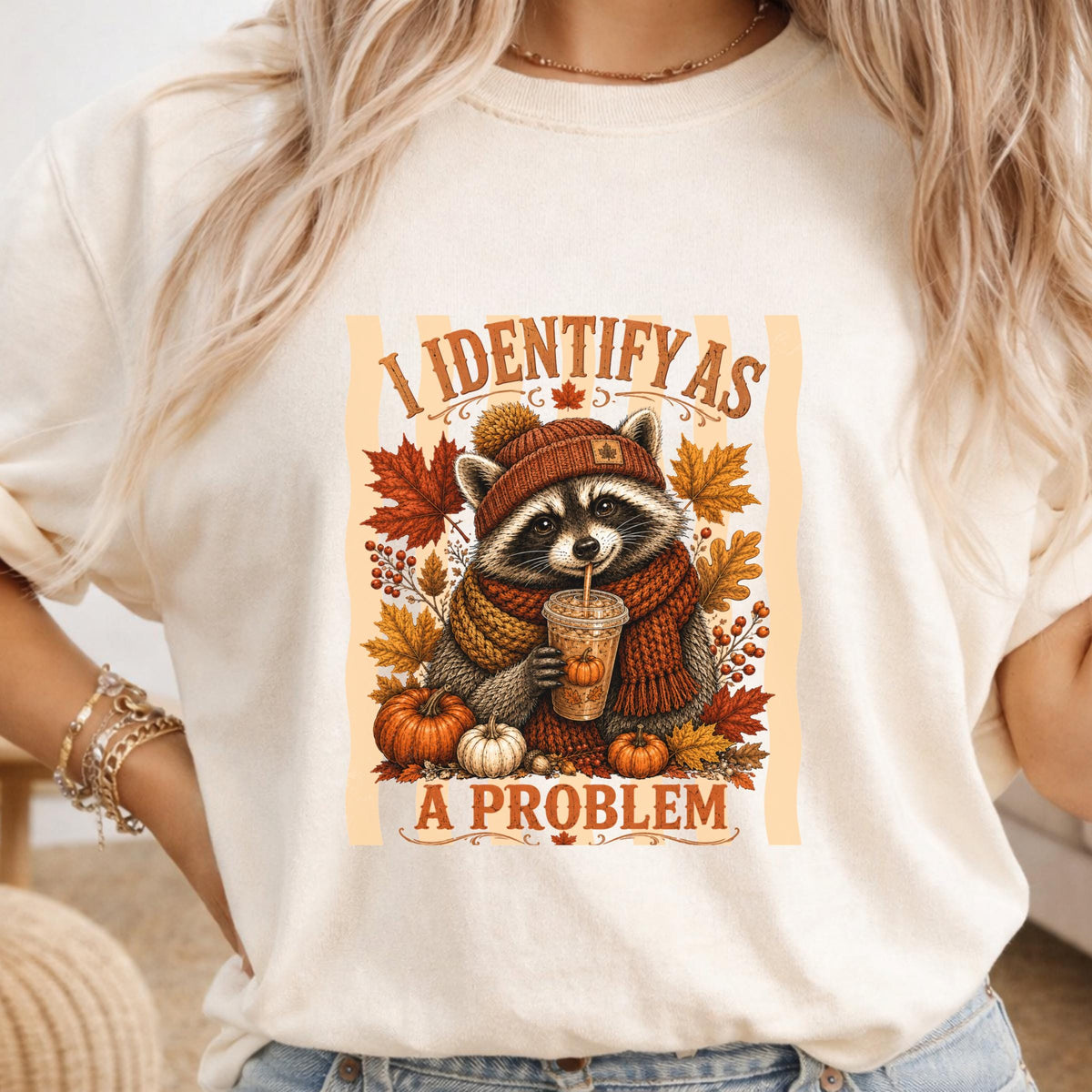 Raccoon Fall Sweatshirt, Identify as a Problem Autumn Crewneck, Pumpkin Spice Animal Shirt, Cozy Thanksgiving Gift for Nature Lovers