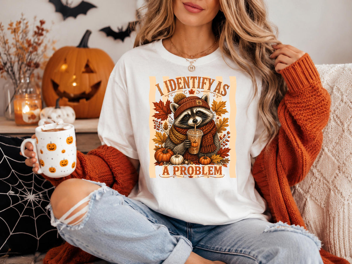 Raccoon Fall Sweatshirt, Identify as a Problem Autumn Crewneck, Pumpkin Spice Animal Shirt, Cozy Thanksgiving Gift for Nature Lovers