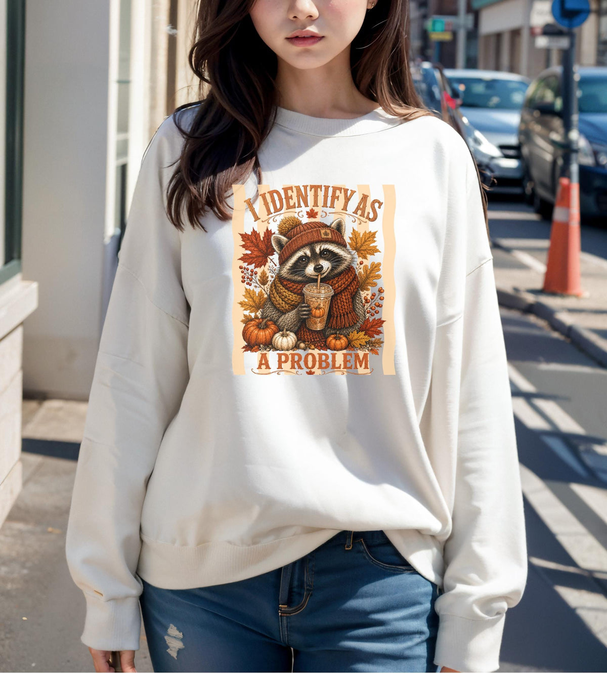 Raccoon Fall Sweatshirt, Identify as a Problem Autumn Crewneck, Pumpkin Spice Animal Shirt, Cozy Thanksgiving Gift for Nature Lovers