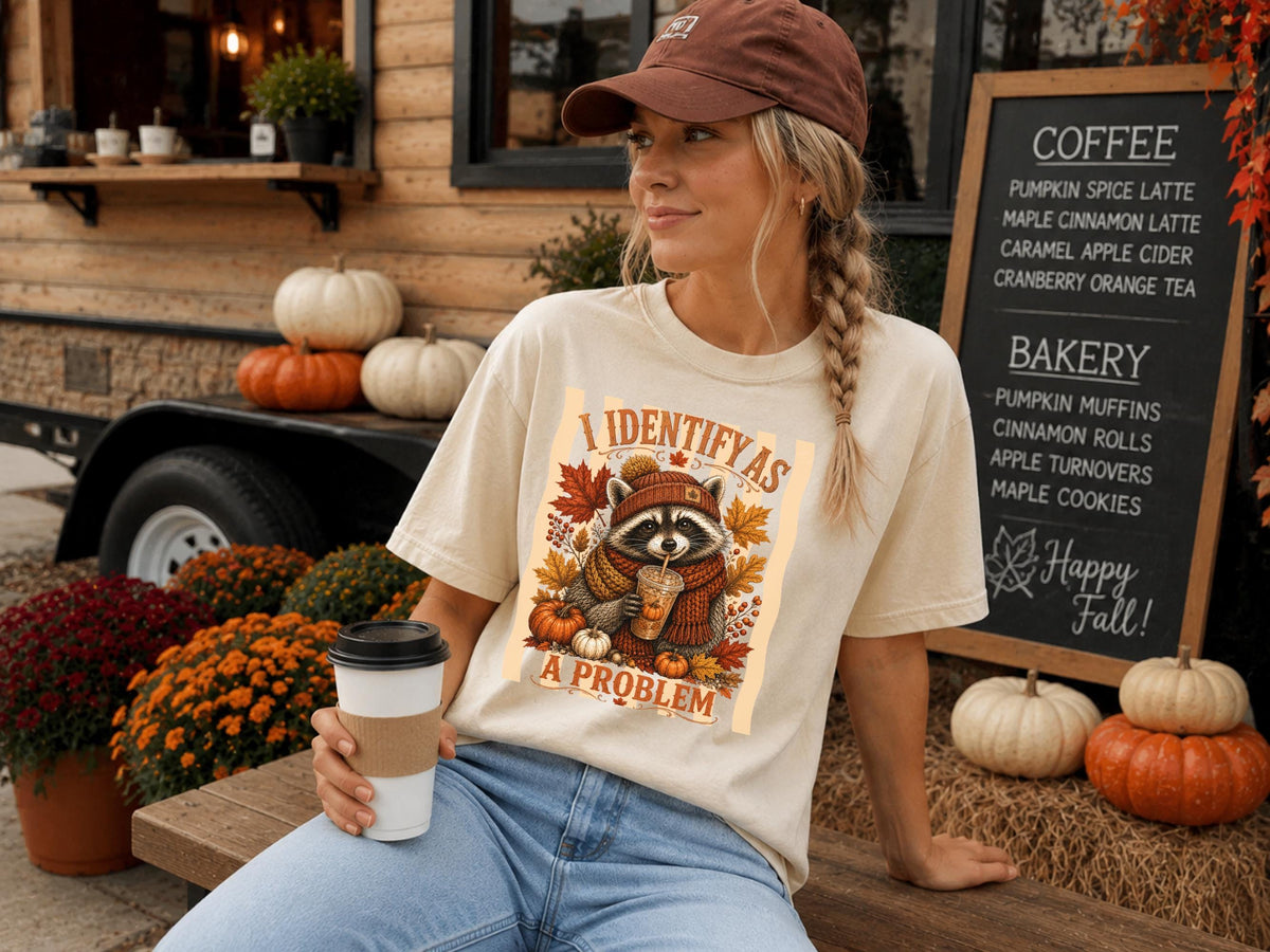 Raccoon Fall Sweatshirt, Identify as a Problem Autumn Crewneck, Pumpkin Spice Animal Shirt, Cozy Thanksgiving Gift for Nature Lovers