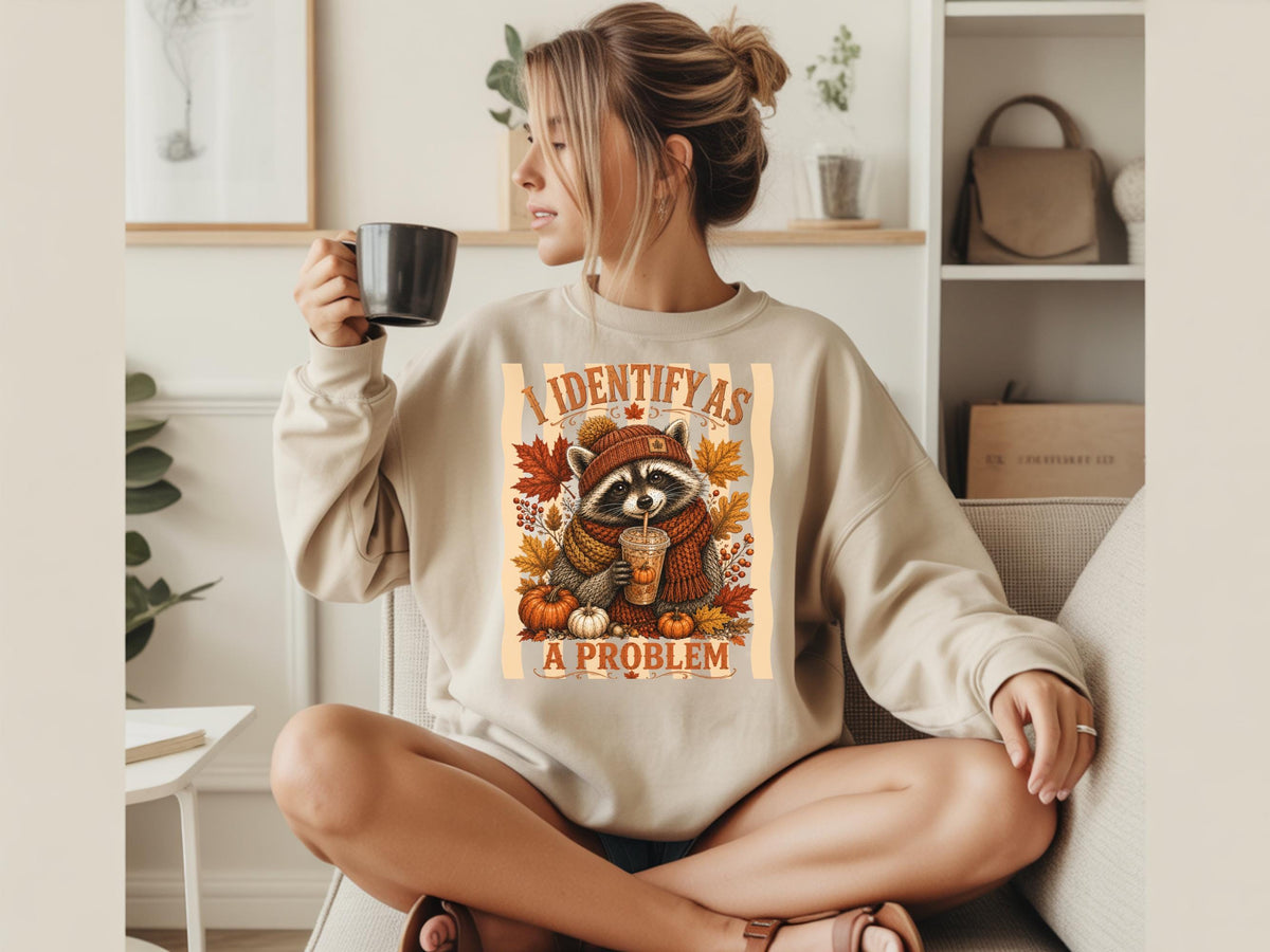 Raccoon Fall Sweatshirt, Identify as a Problem Autumn Crewneck, Pumpkin Spice Animal Shirt, Cozy Thanksgiving Gift for Nature Lovers