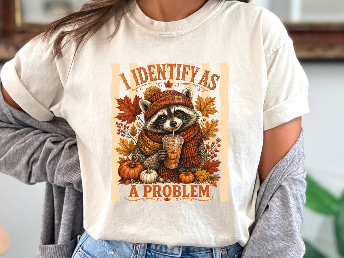 Raccoon Fall Sweatshirt, Identify as a Problem Autumn Crewneck, Pumpkin Spice Animal Shirt, Cozy Thanksgiving Gift for Nature Lovers