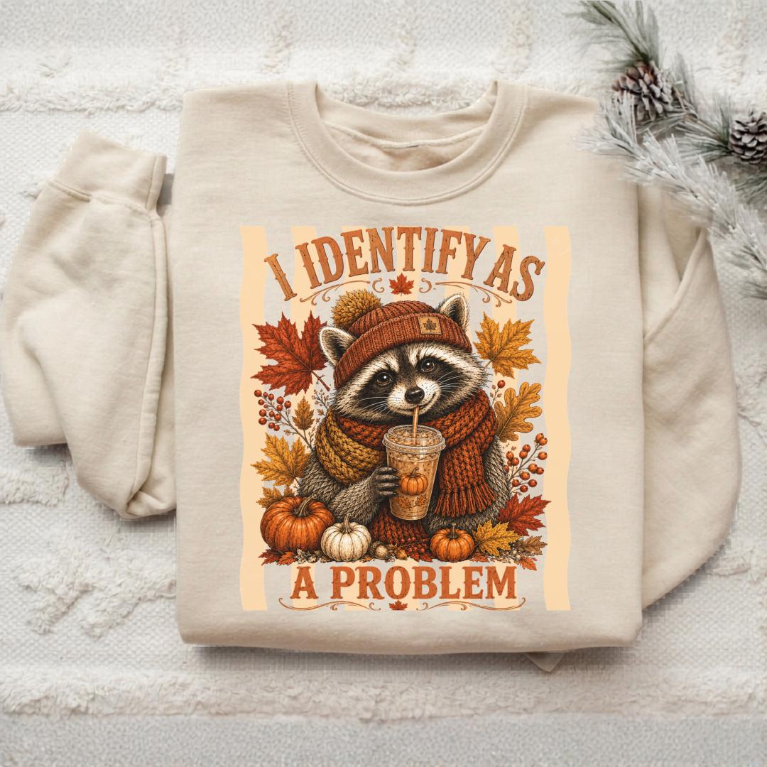 Raccoon Fall Sweatshirt, Identify as a Problem Autumn Crewneck, Pumpkin Spice Animal Shirt, Cozy Thanksgiving Gift for Nature Lovers