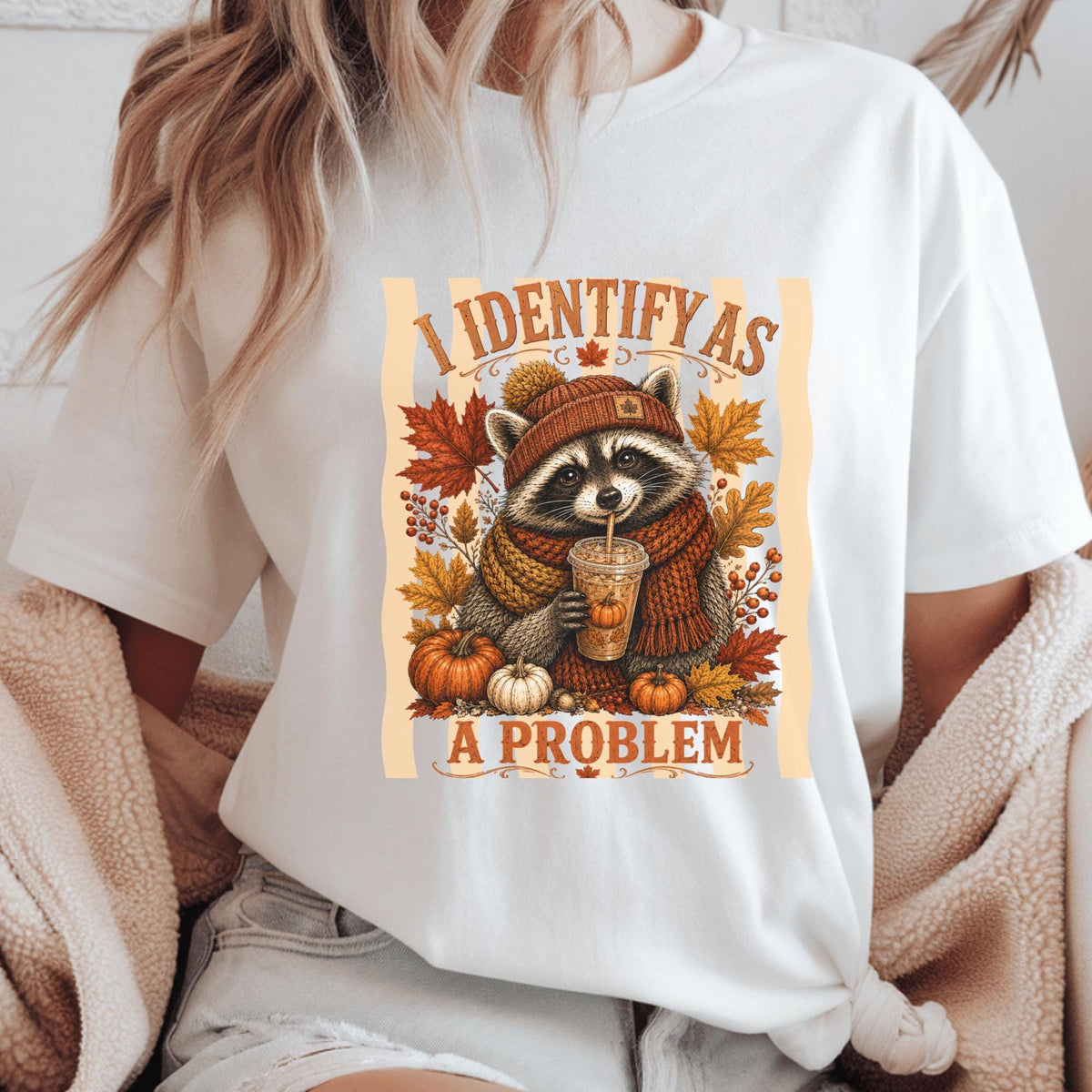 Raccoon Fall Sweatshirt, Identify as a Problem Autumn Crewneck, Pumpkin Spice Animal Shirt, Cozy Thanksgiving Gift for Nature Lovers