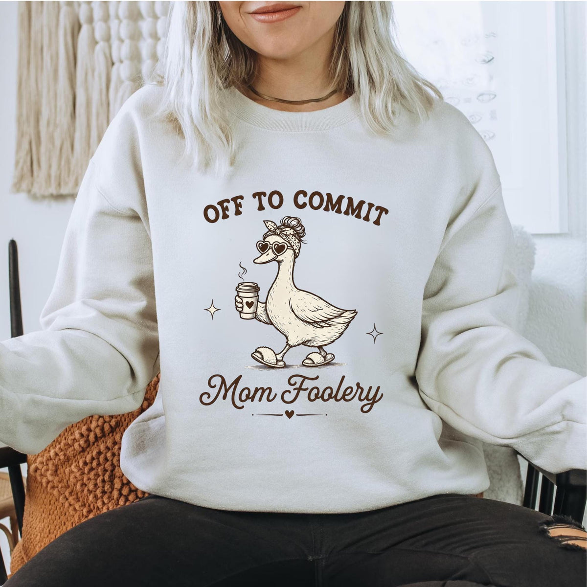 Off to Commit Mom Foolery Sweatshirt, Funny Mom Duck Crewneck, Coffee Lover Gift, Cute Cozy Mother’s Day Pullover, Mom Humor Top Gift