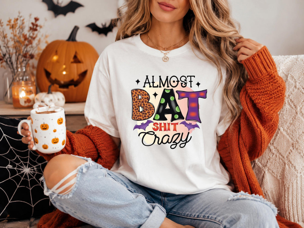 Almost Bat Shit Crazy Halloween Shirt, Funny Pumpkin Patch Tee, Colorful Bat Graphic Top, Spooky Autumn Gift for Halloween Fans and Friends