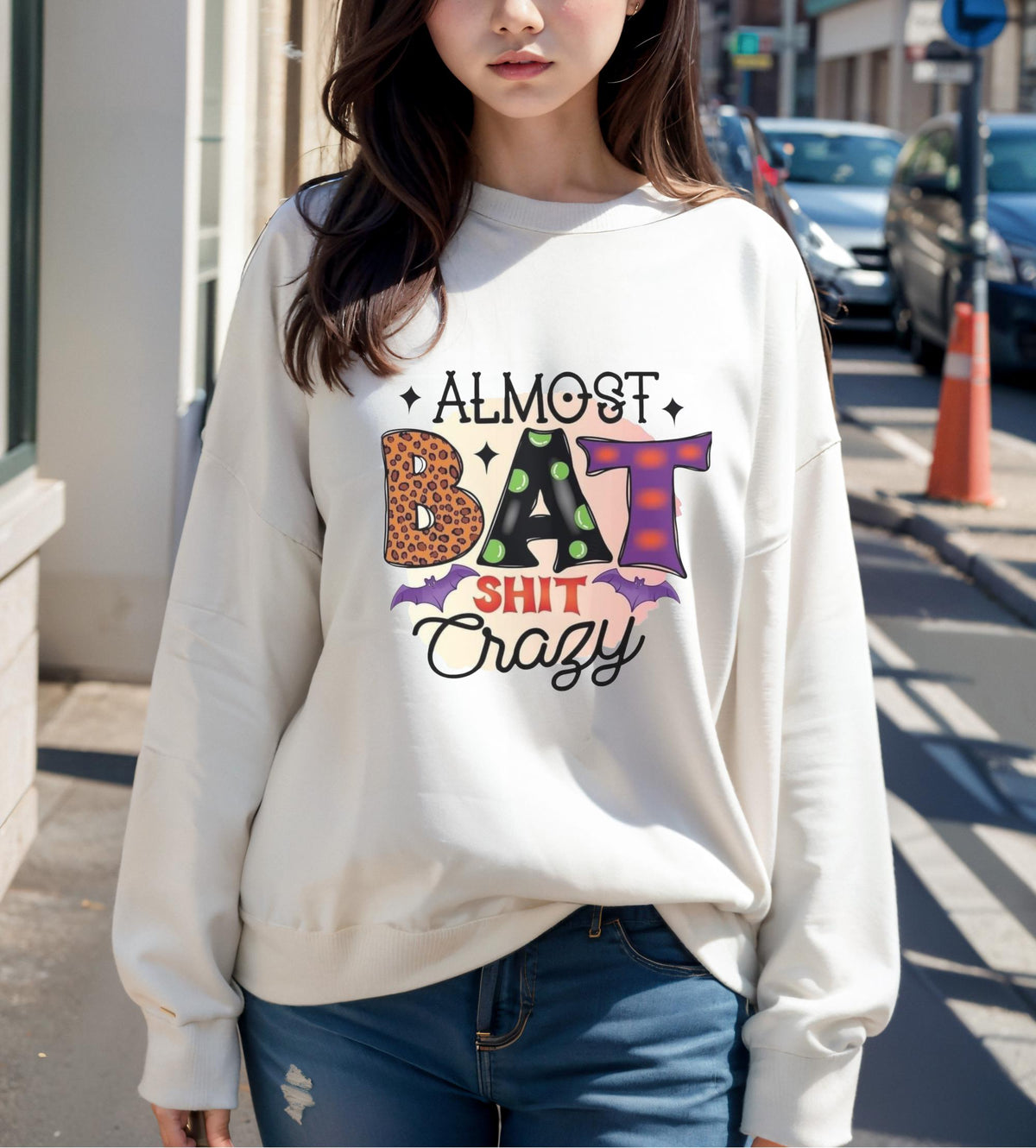 Almost Bat Shit Crazy Halloween Shirt, Funny Pumpkin Patch Tee, Colorful Bat Graphic Top, Spooky Autumn Gift for Halloween Fans and Friends