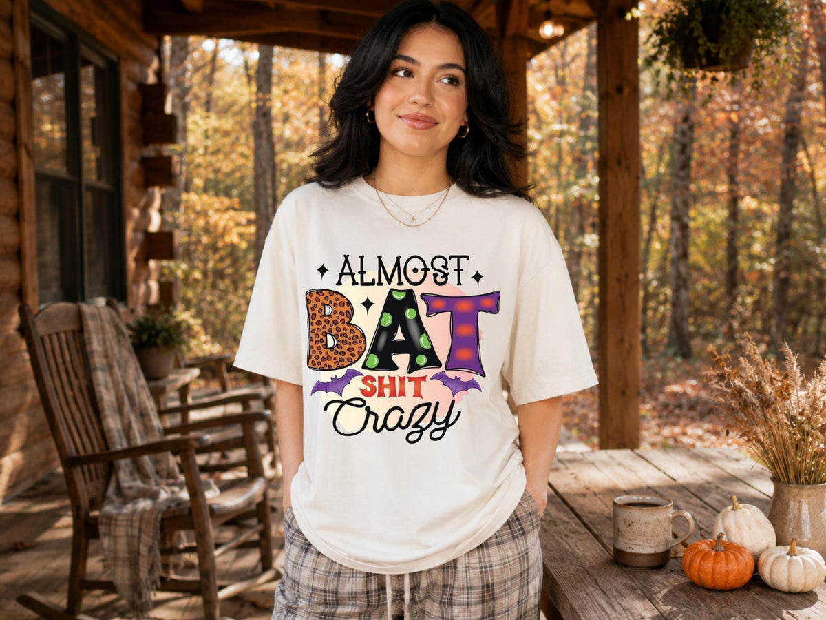 Almost Bat Shit Crazy Halloween Shirt, Funny Pumpkin Patch Tee, Colorful Bat Graphic Top, Spooky Autumn Gift for Halloween Fans and Friends