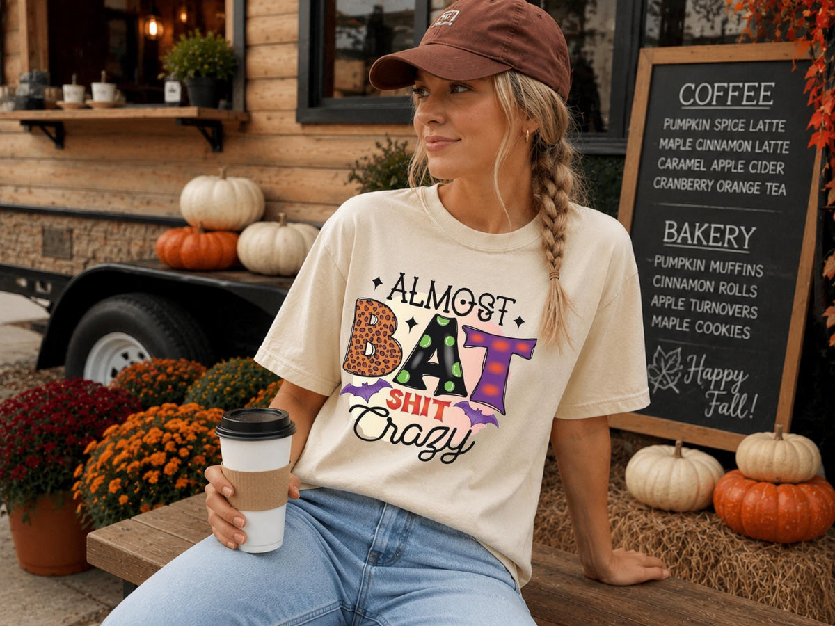Almost Bat Shit Crazy Halloween Shirt, Funny Pumpkin Patch Tee, Colorful Bat Graphic Top, Spooky Autumn Gift for Halloween Fans and Friends
