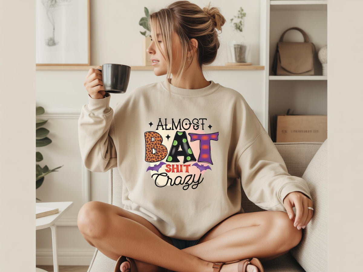 Almost Bat Shit Crazy Halloween Shirt, Funny Pumpkin Patch Tee, Colorful Bat Graphic Top, Spooky Autumn Gift for Halloween Fans and Friends