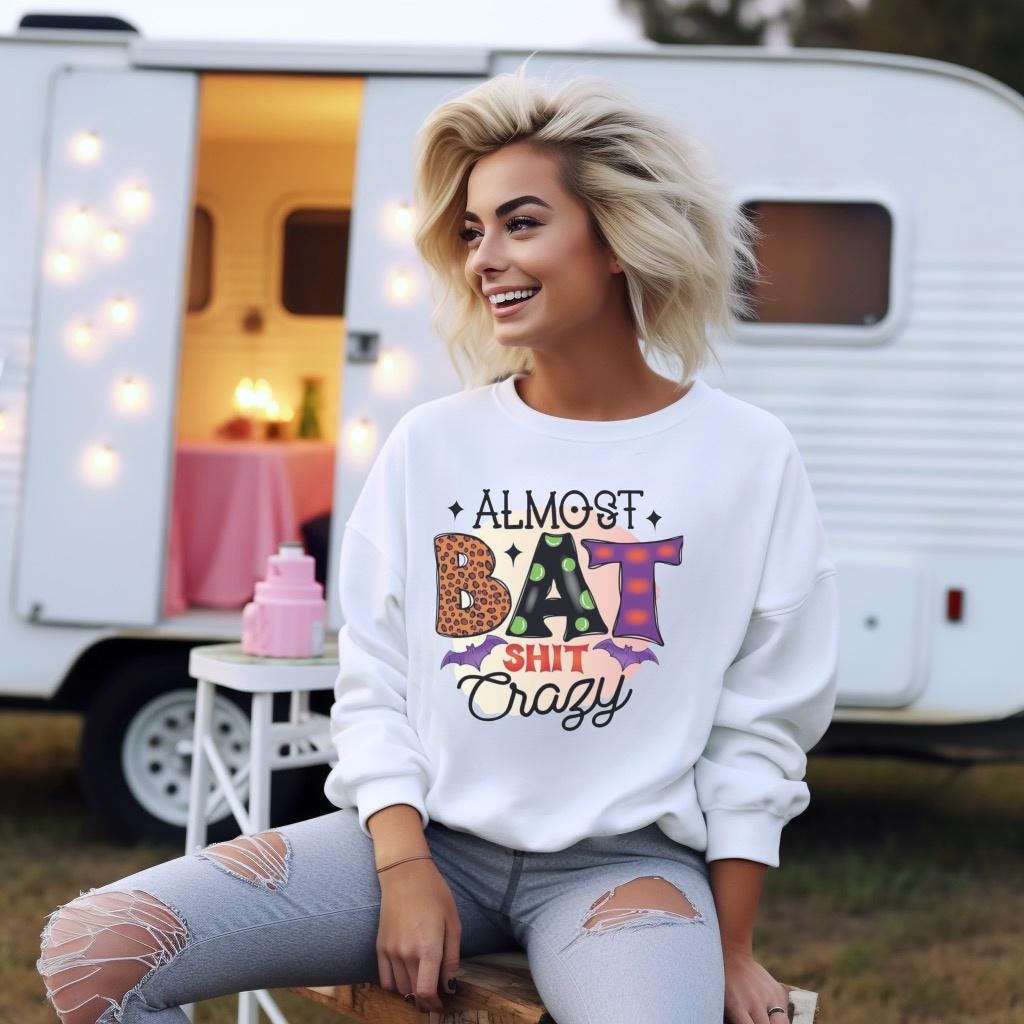 Almost Bat Shit Crazy Halloween Shirt, Funny Pumpkin Patch Tee, Colorful Bat Graphic Top, Spooky Autumn Gift for Halloween Fans and Friends