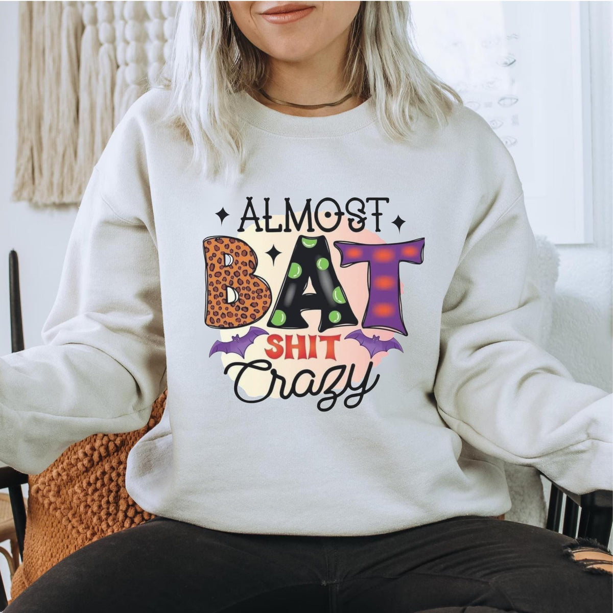 Almost Bat Shit Crazy Halloween Shirt, Funny Pumpkin Patch Tee, Colorful Bat Graphic Top, Spooky Autumn Gift for Halloween Fans and Friends