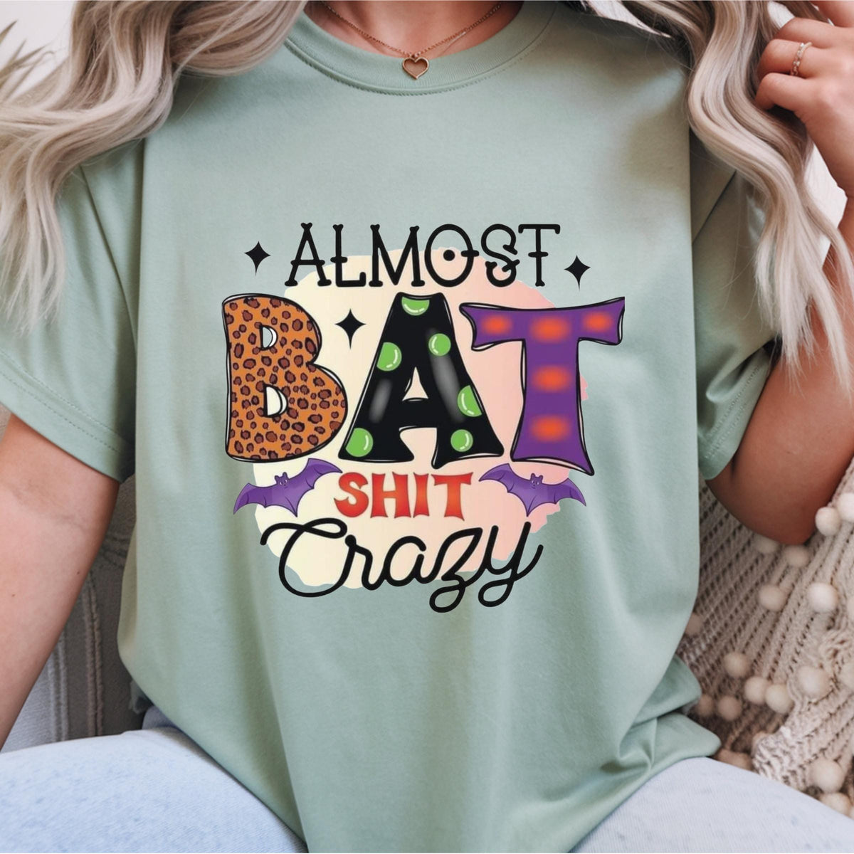 Almost Bat Shit Crazy Halloween Shirt, Funny Pumpkin Patch Tee, Colorful Bat Graphic Top, Spooky Autumn Gift for Halloween Fans and Friends