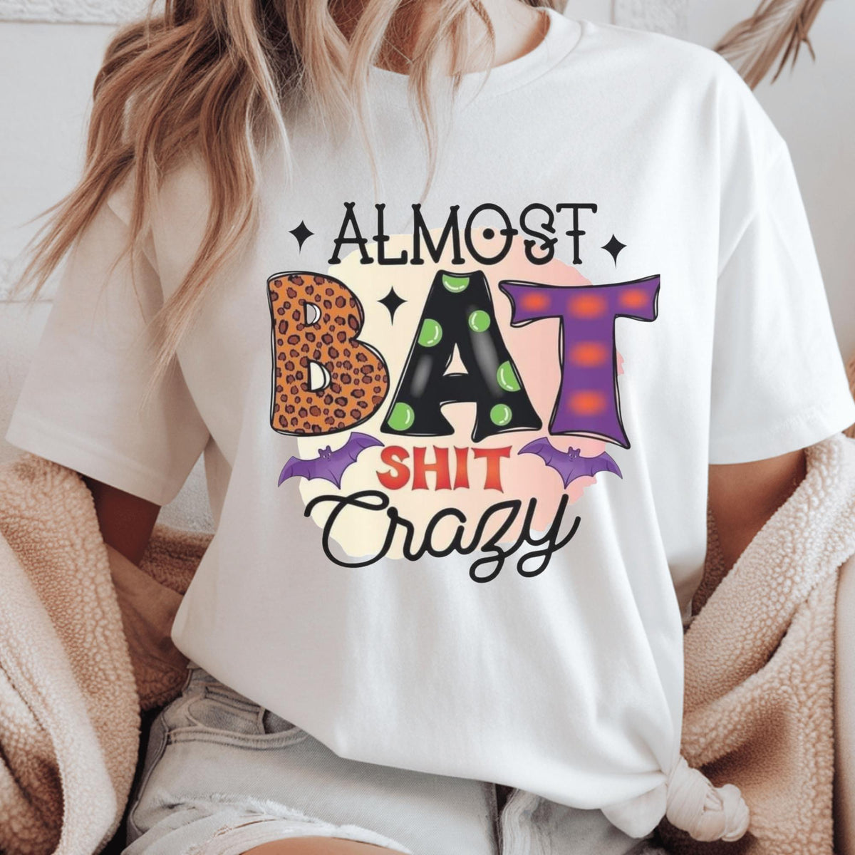 Almost Bat Shit Crazy Halloween Shirt, Funny Pumpkin Patch Tee, Colorful Bat Graphic Top, Spooky Autumn Gift for Halloween Fans and Friends