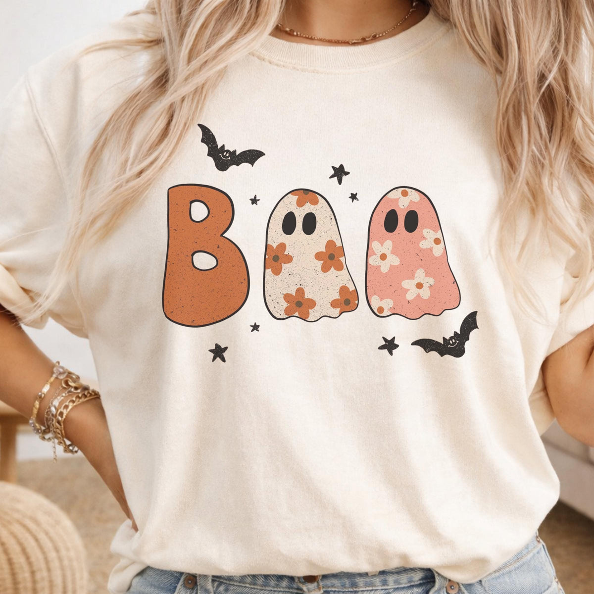Cute Halloween Ghost Shirt, Boo Ghost Graphic Tee, Spooky Pumpkin Season Top, Floral Ghost Halloween Shirt for Women and Teens, Gift