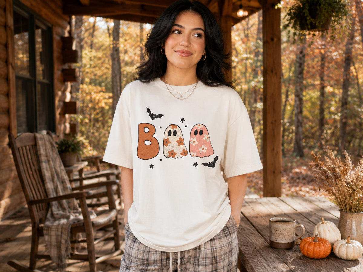 Cute Halloween Ghost Shirt, Boo Ghost Graphic Tee, Spooky Pumpkin Season Top, Floral Ghost Halloween Shirt for Women and Teens, Gift