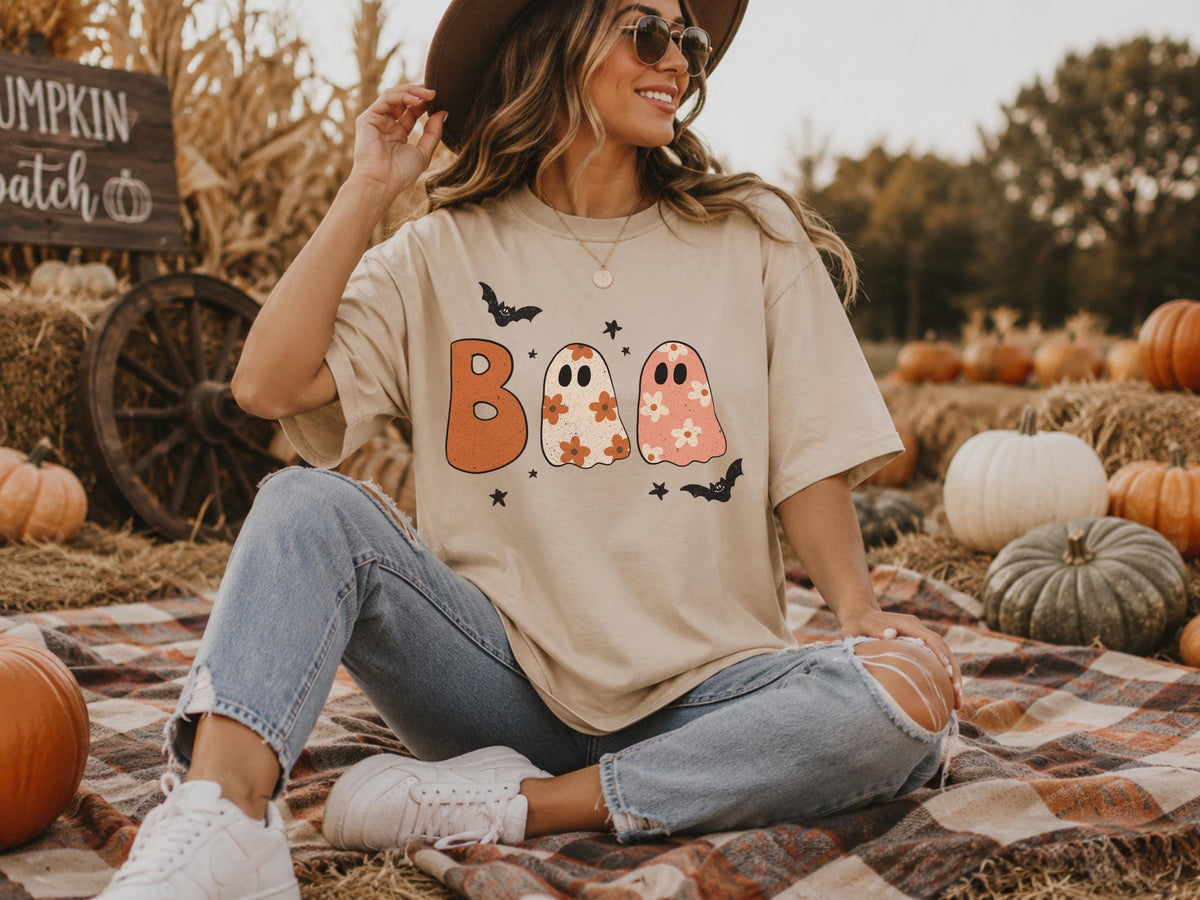 Cute Halloween Ghost Shirt, Boo Ghost Graphic Tee, Spooky Pumpkin Season Top, Floral Ghost Halloween Shirt for Women and Teens, Gift