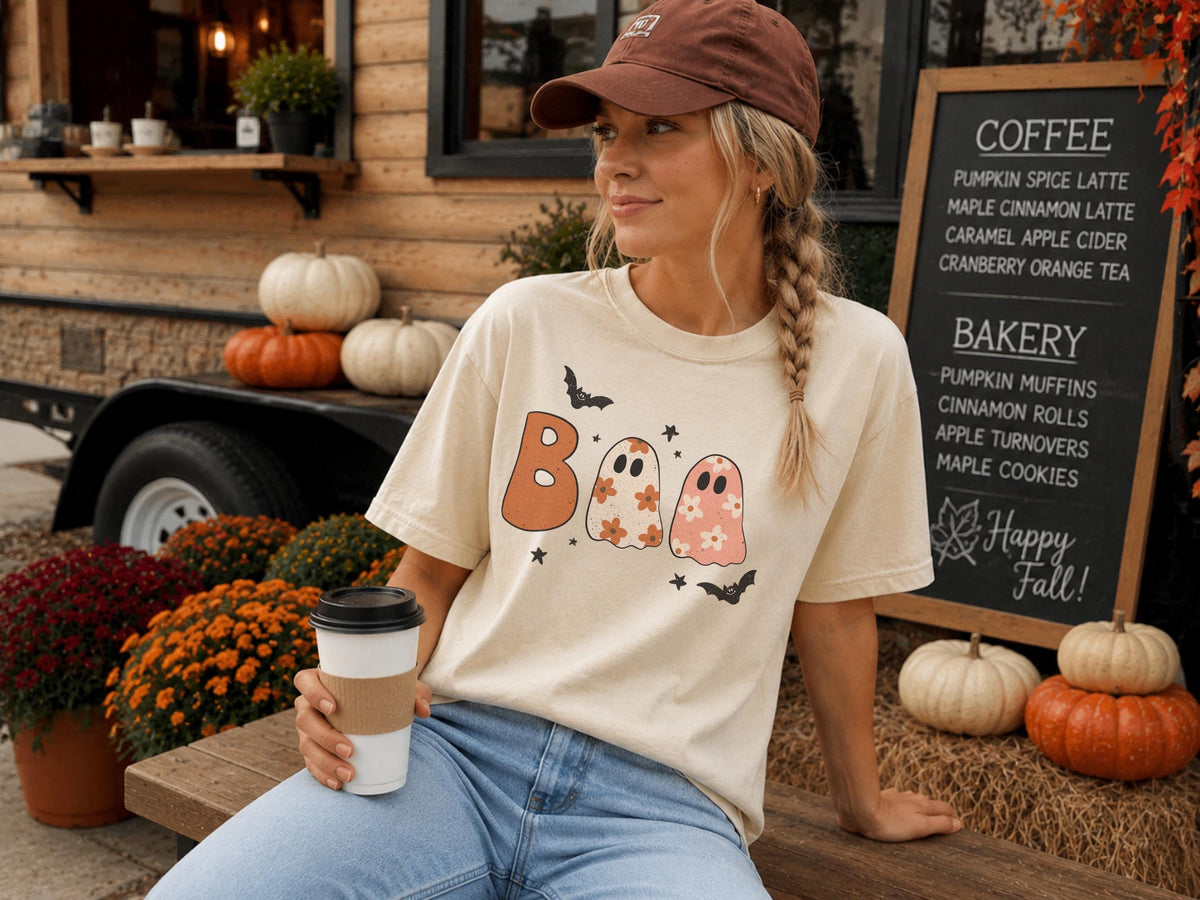 Cute Halloween Ghost Shirt, Boo Ghost Graphic Tee, Spooky Pumpkin Season Top, Floral Ghost Halloween Shirt for Women and Teens, Gift