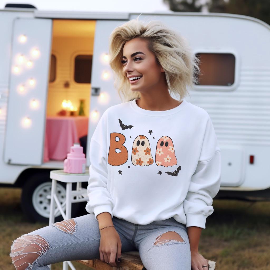 Cute Halloween Ghost Shirt, Boo Ghost Graphic Tee, Spooky Pumpkin Season Top, Floral Ghost Halloween Shirt for Women and Teens, Gift