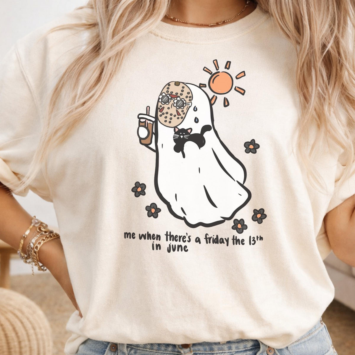 Friday the 13th June Sweatshirt, Cute Ghost Cat Crewneck, Spooky Summer Shirt, Funny Superstition Gift, Unisex Cozy Pullover Gift Idea