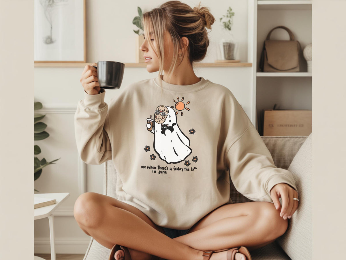 Friday the 13th June Sweatshirt, Cute Ghost Cat Crewneck, Spooky Summer Shirt, Funny Superstition Gift, Unisex Cozy Pullover Gift Idea