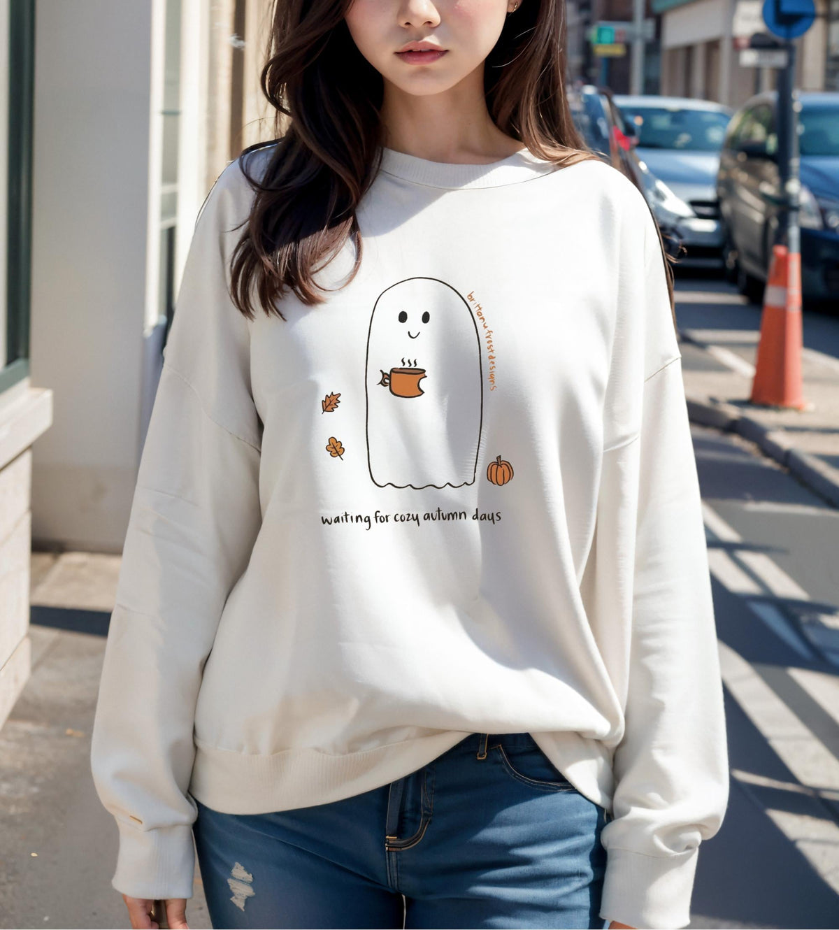 Cozy Autumn Ghost Sweatshirt, Cute Fall Crewneck, Pumpkin Coffee Lover Pullover, Waiting for Cozy Autumn Days, Seasonal Gift for Her