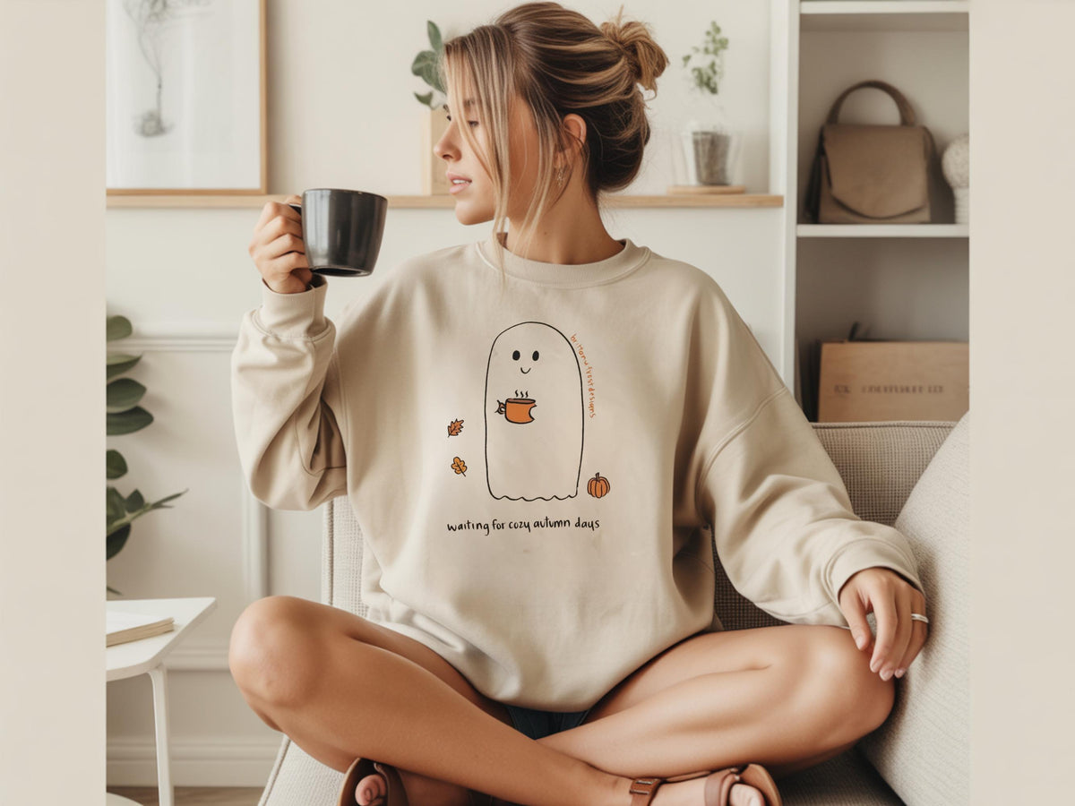 Cozy Autumn Ghost Sweatshirt, Cute Fall Crewneck, Pumpkin Coffee Lover Pullover, Waiting for Cozy Autumn Days, Seasonal Gift for Her