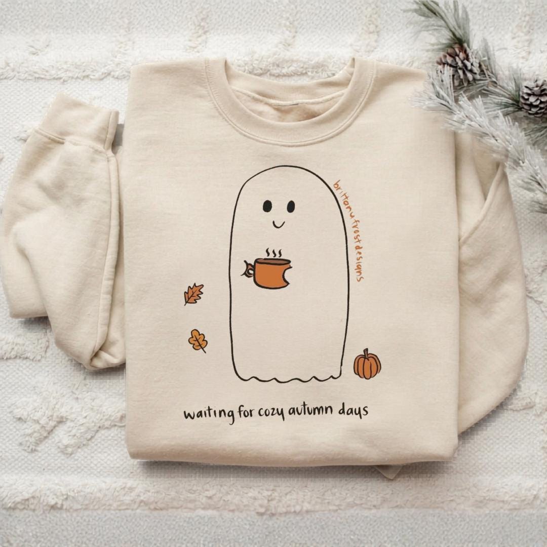 Cozy Autumn Ghost Sweatshirt, Cute Fall Crewneck, Pumpkin Coffee Lover Pullover, Waiting for Cozy Autumn Days, Seasonal Gift for Her