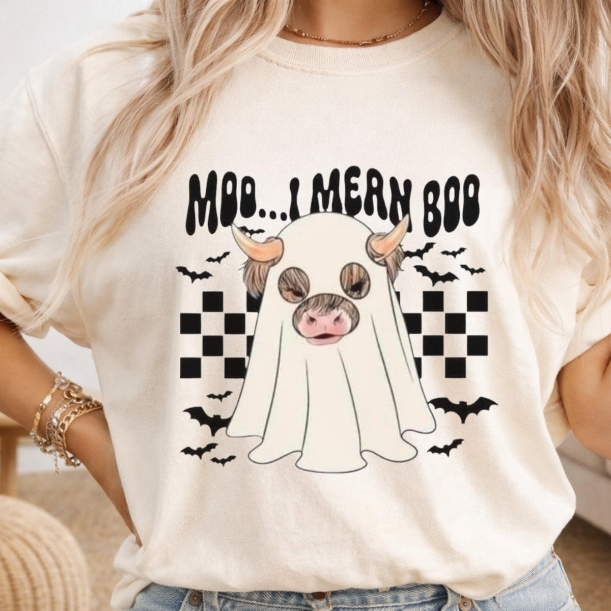 Halloween Cow Ghost Sweatshirt, Moo...Mern Boo Graphic Crewneck, Cute Spooky Farmhouse Pullover, Cow Lover Halloween Gift for Her or Him