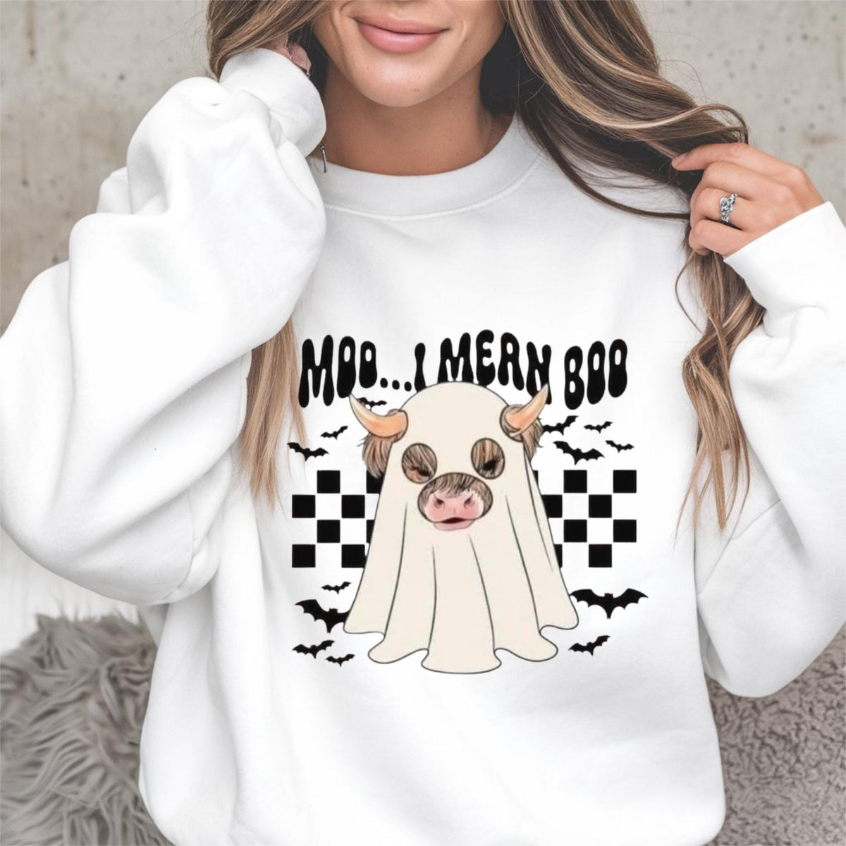 Halloween Cow Ghost Sweatshirt, Moo...Mern Boo Graphic Crewneck, Cute Spooky Farmhouse Pullover, Cow Lover Halloween Gift for Her or Him