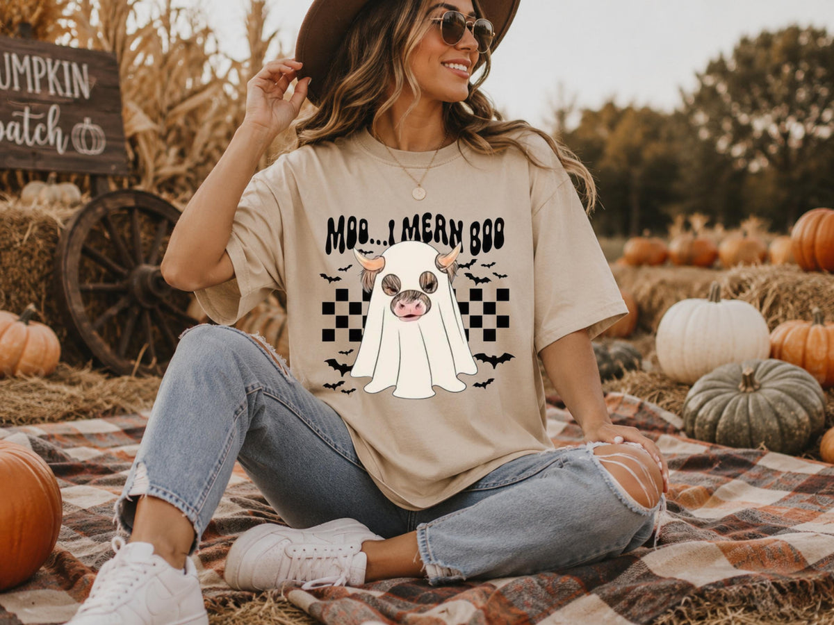 Halloween Cow Ghost Sweatshirt, Moo...Mern Boo Graphic Crewneck, Cute Spooky Farmhouse Pullover, Cow Lover Halloween Gift for Her or Him
