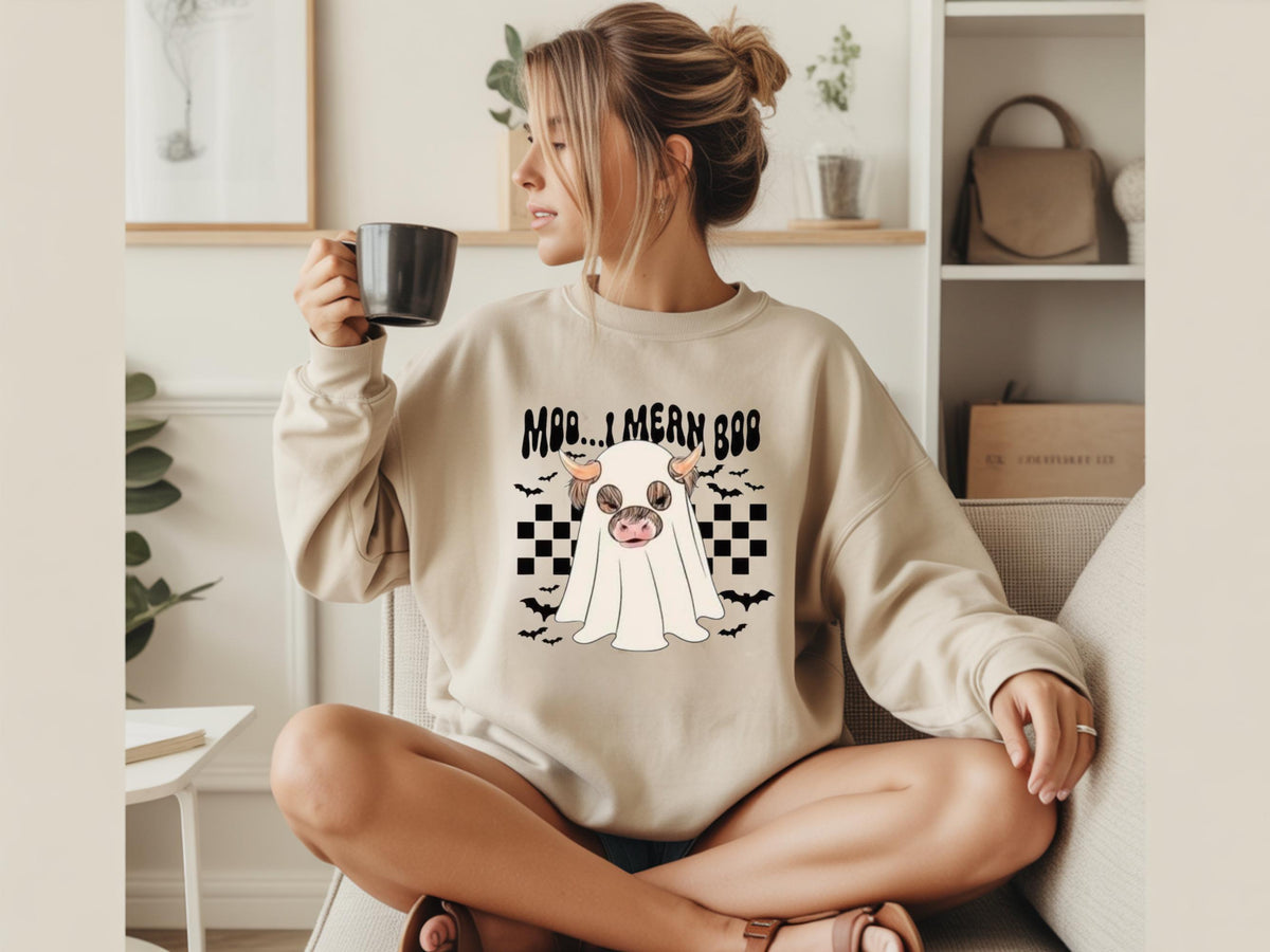 Halloween Cow Ghost Sweatshirt, Moo...Mern Boo Graphic Crewneck, Cute Spooky Farmhouse Pullover, Cow Lover Halloween Gift for Her or Him