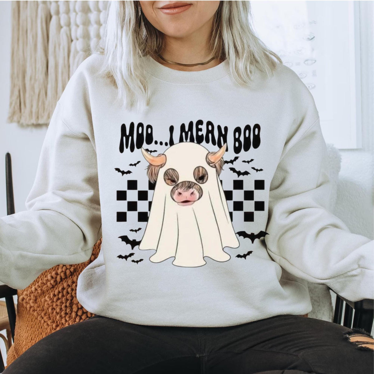 Halloween Cow Ghost Sweatshirt, Moo...Mern Boo Graphic Crewneck, Cute Spooky Farmhouse Pullover, Cow Lover Halloween Gift for Her or Him