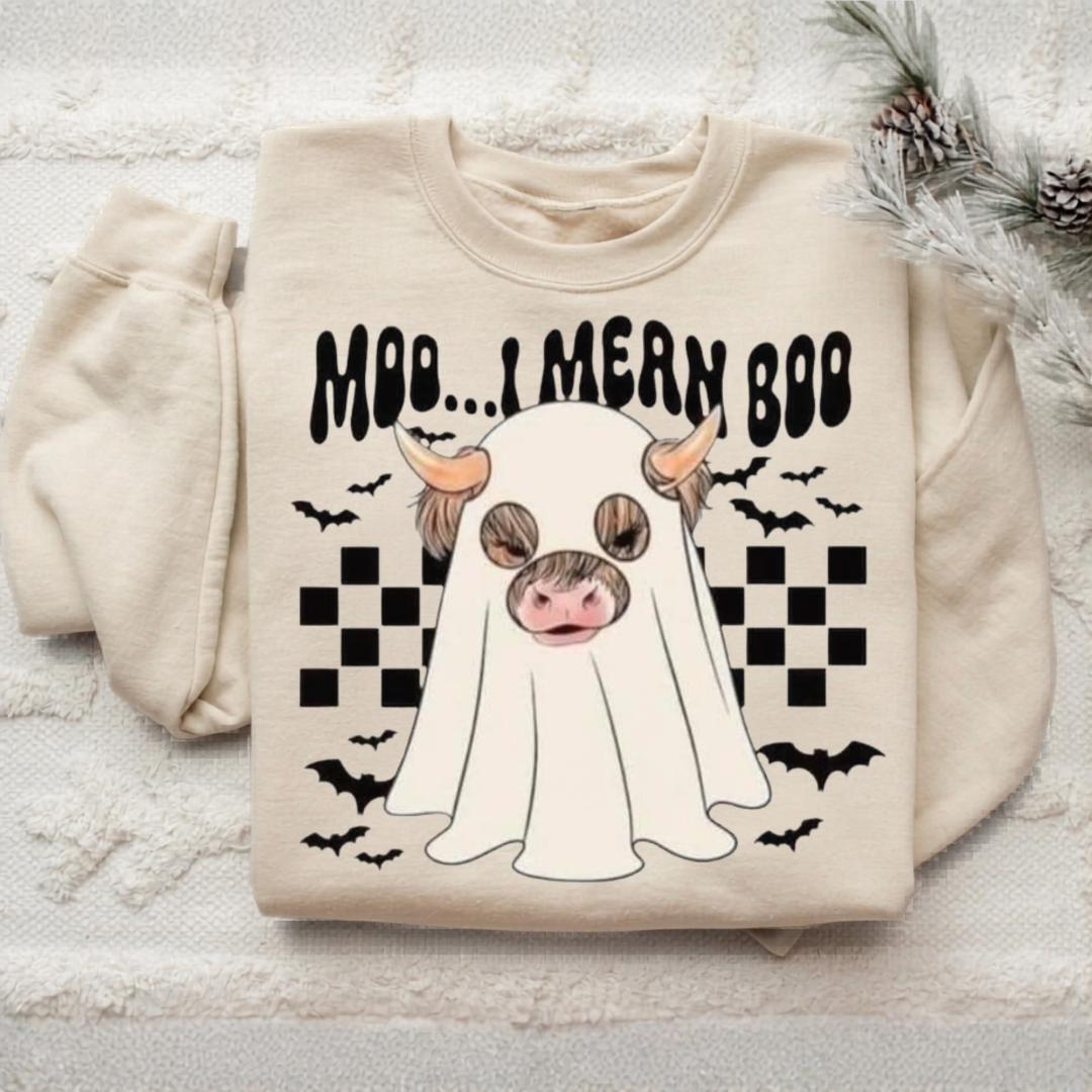 Halloween Cow Ghost Sweatshirt, Moo...Mern Boo Graphic Crewneck, Cute Spooky Farmhouse Pullover, Cow Lover Halloween Gift for Her or Him