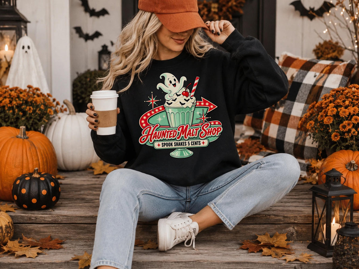 Haunted Malt Shop Shirt, Retro Ghost Spook Shake Tee, Vintage Halloween Soda Shop Graphic, Cute Spooky Dessert Lover Gift Shirt Outfit