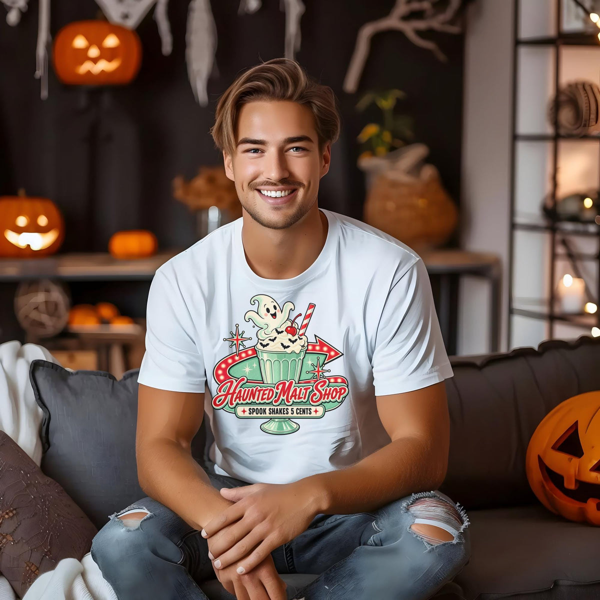 Haunted Malt Shop Shirt, Retro Ghost Spook Shake Tee, Vintage Halloween Soda Shop Graphic, Cute Spooky Dessert Lover Gift Shirt Outfit