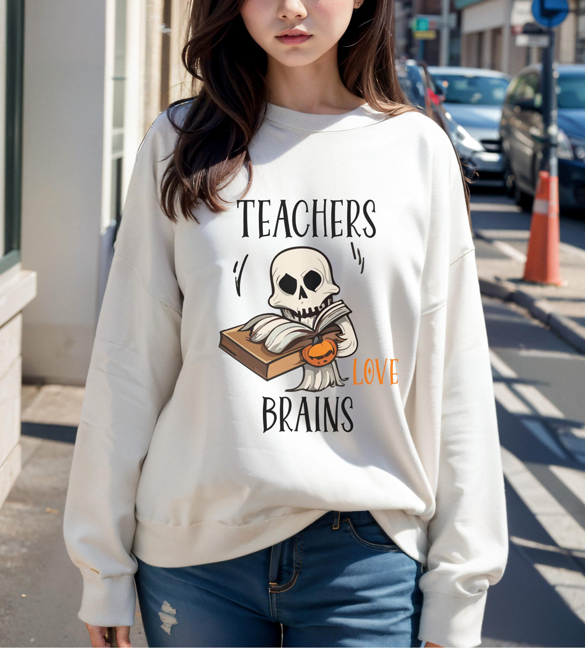 Teacher Halloween Sweatshirt, Teachers Love Brains Skeleton Book Crewneck, Spooky Educator Gift, Funny Book Lover Apparel Idea!!!